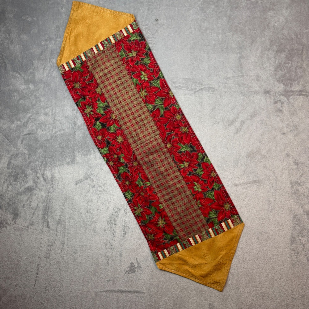 Handmade Table Runner Unisex 40in Red Poinsettia Plaid Quilted Christmas Holiday
